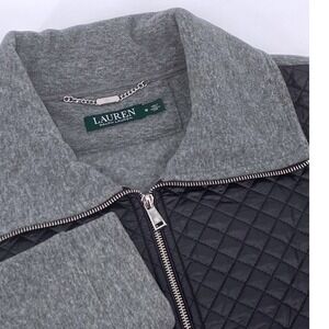 Lauren Ralph Lauren‎ Womens Quilted Fleece Jacket Medium Black Gray Full Zip